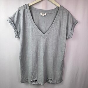 Umgee Womens Gray Slub Knit Distressed V-Neck T-Shirt Size M C1911 Cotton Tee